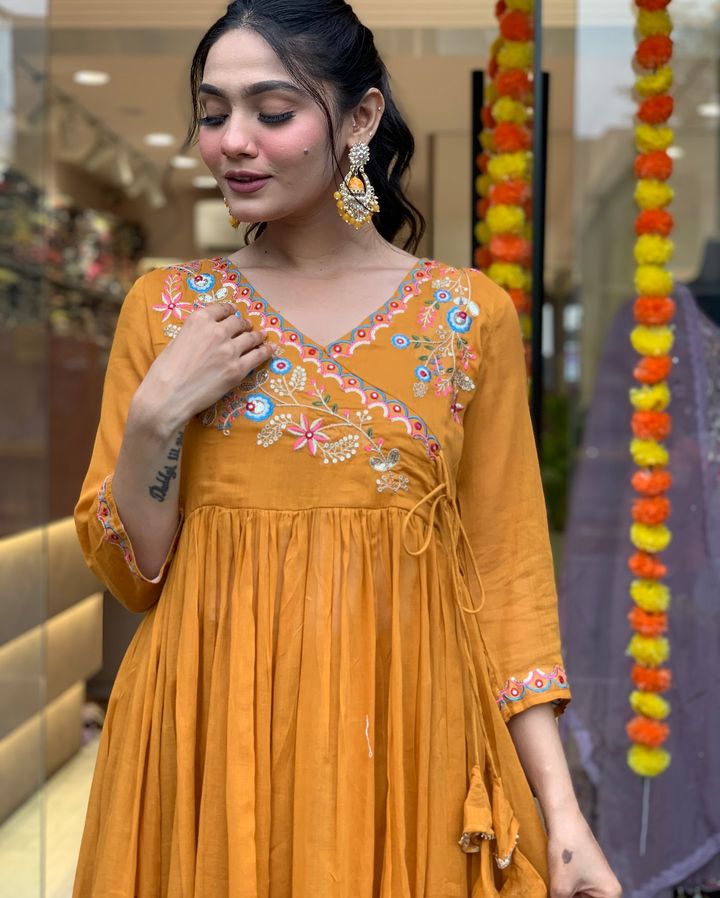 Astonishing Party Wear Mustard Color Embroidery Work Full Stitched Viscose Chanderi Salwar Suit