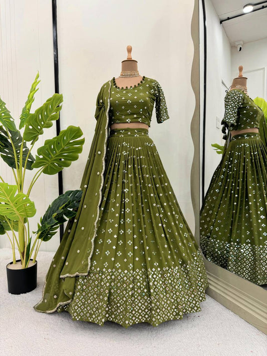 Alluring Wedding Wear Green Color Faux Georgette Thread And Sequence Work Designer Lehenga Choli