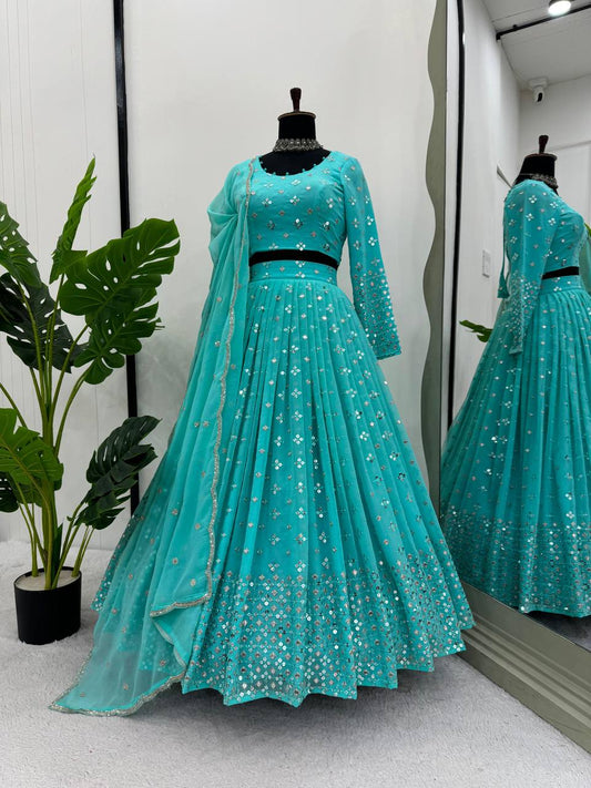 Alluring Wedding Wear Blue Color Faux Georgette Thread And Sequence Work Designer Lehenga Choli