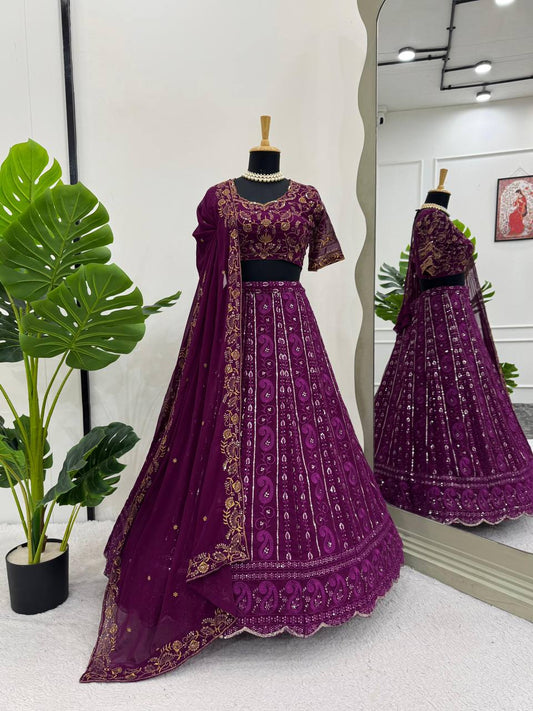 Astonishing Wedding Wear Wine Color Faux Georgette Thread And Sequence Work Semi-Stitched Designer Lehenga Choli