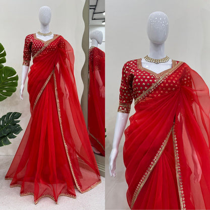 Fascinating Wedding Wear Red Color Thread And Sequence Work Heavy Organza Saree