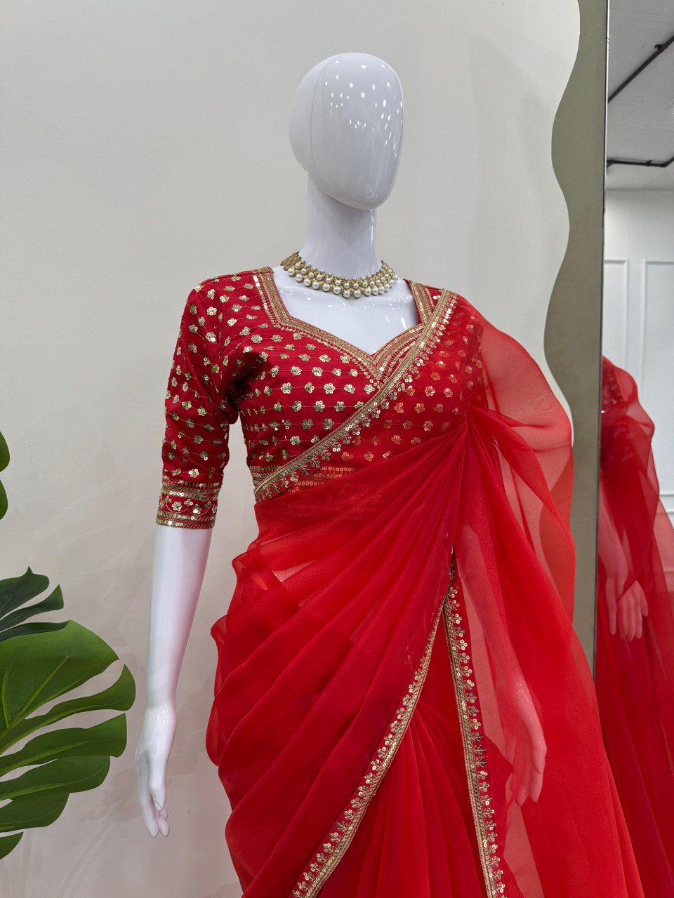 Fascinating Wedding Wear Red Color Thread And Sequence Work Heavy Organza Saree