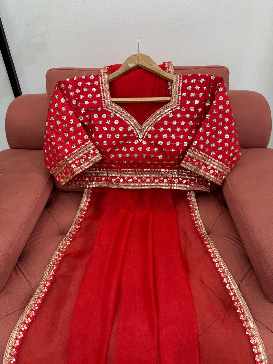 Fascinating Wedding Wear Red Color Thread And Sequence Work Heavy Organza Saree