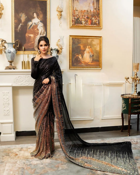 Beauteous Party Wear Black Color Sequence Embroidery Work Designer Georgette Saree