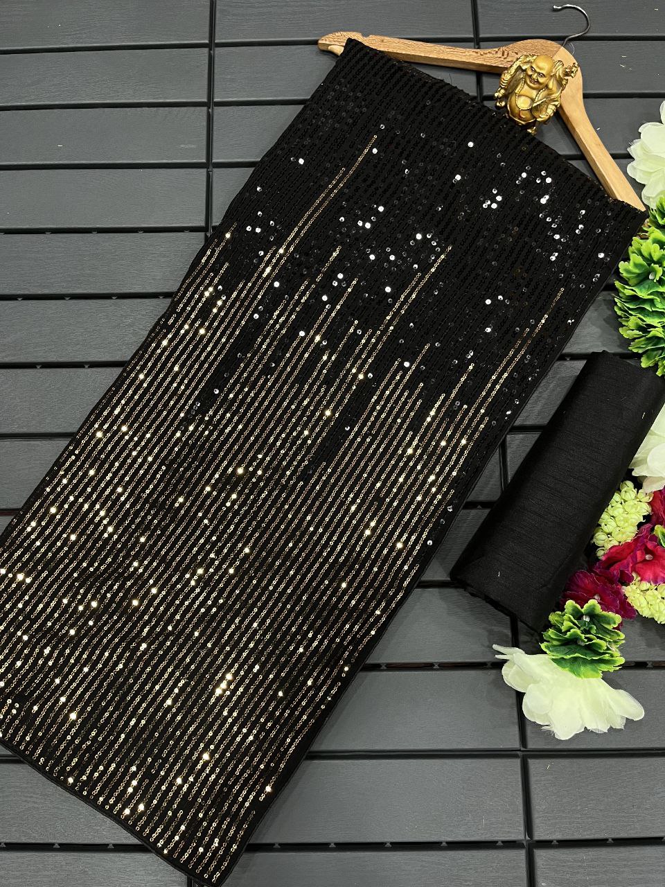 Beauteous Party Wear Black Color Sequence Embroidery Work Designer Georgette Saree