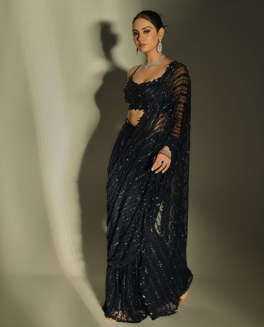 Impressive Party Wear Black Color Multi And Sequence Embroidery Work Designer Mono Net Saree