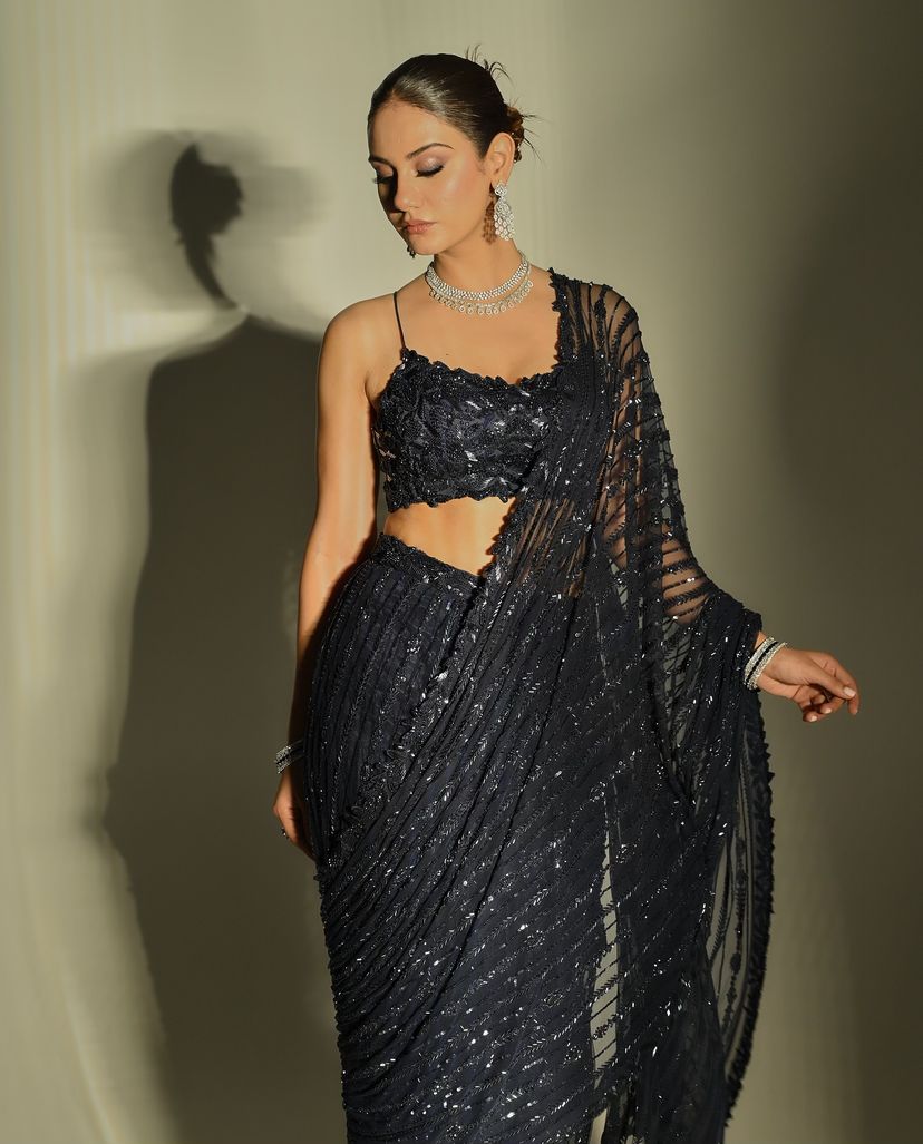 Impressive Party Wear Black Color Multi And Sequence Embroidery Work Designer Mono Net Saree