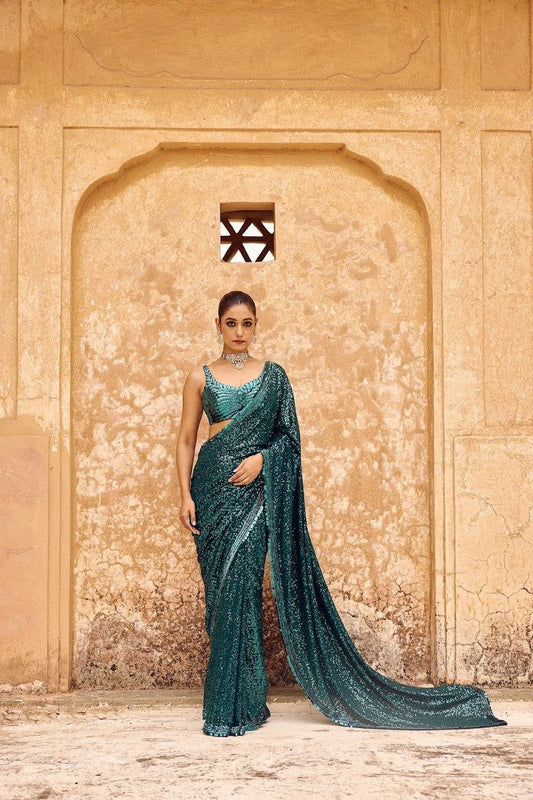 Devastating Party Wear Rama Color Sequence Work Designer Georgette Saree