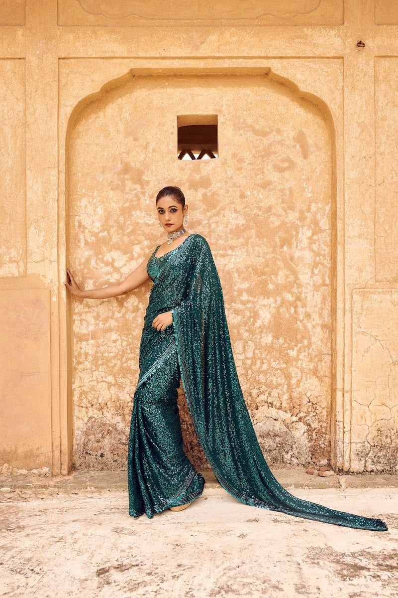 Devastating Party Wear Rama Color Sequence Work Designer Georgette Saree