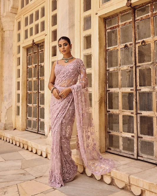 Impressive Party Wear Multy And Sequence Embroidery Work Designer Heavy Mono Net Saree