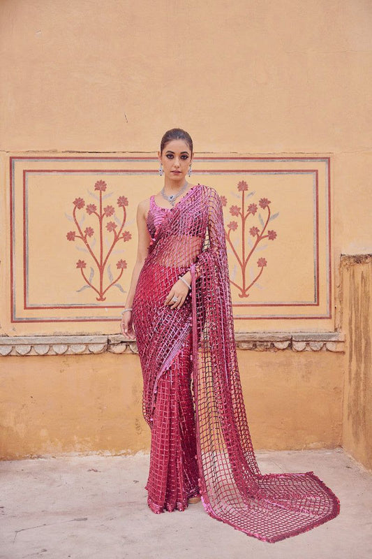 Glamorous Party Wear Rani Color Heavy Embroidery Sequence Work Designer Mono Net Saree