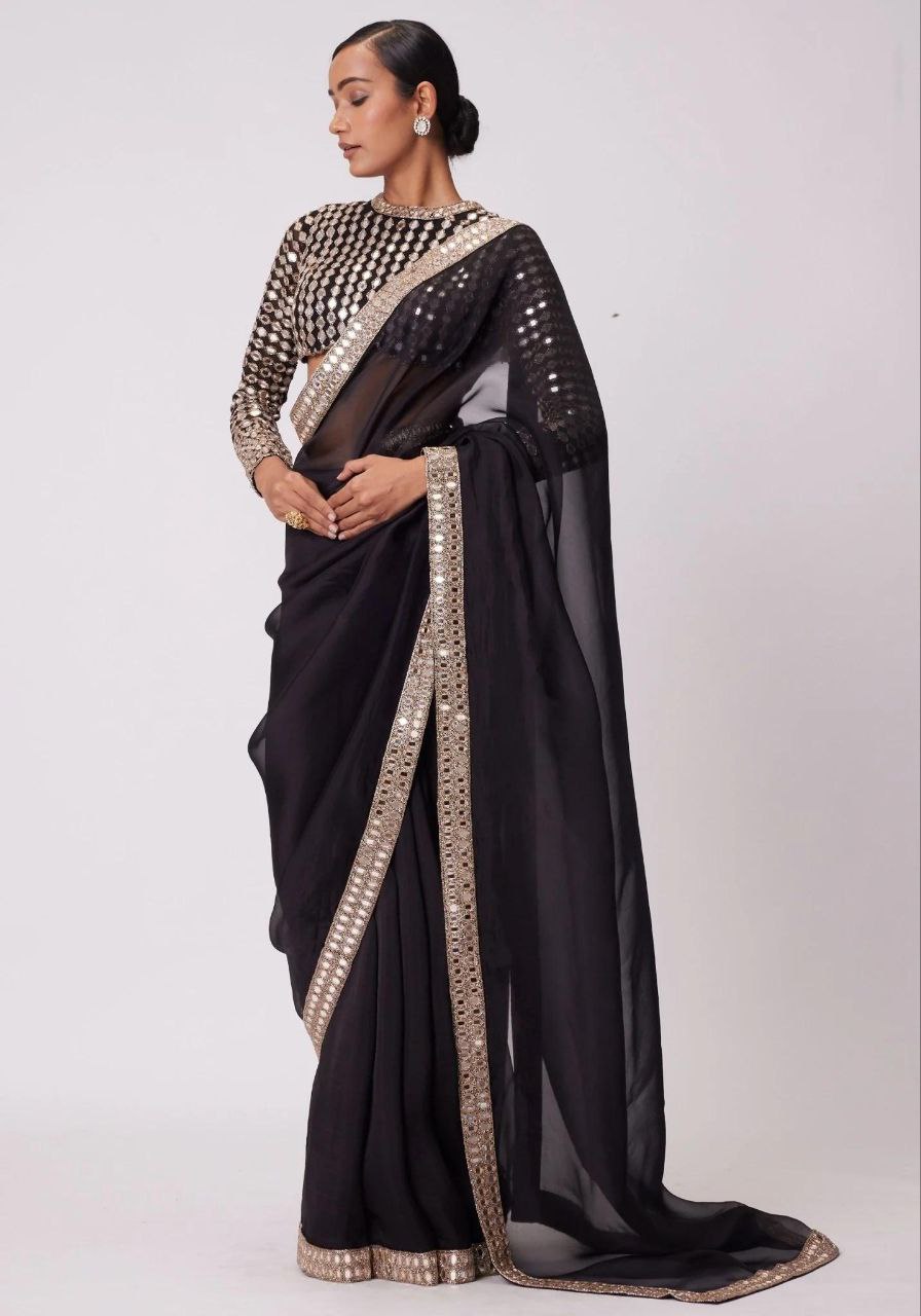 Glamorous Party Wear Black Color Coding Embroidery Lace Border Work Designer Silk Saree