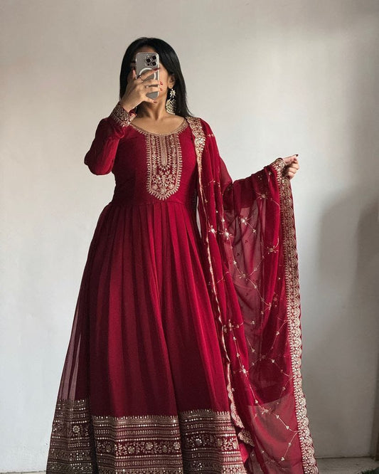 Exclusive Party And Function Wear Maroon Color Faux Georgette Anarkali Gown With Dupatta