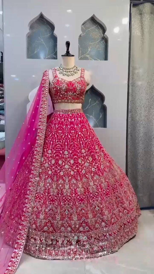 Devastating Wedding Wear Rani Pink Color Faux Georgette Real Mirror And Sequence Work Lehenga Choli With Can-Can And Canvas Patta