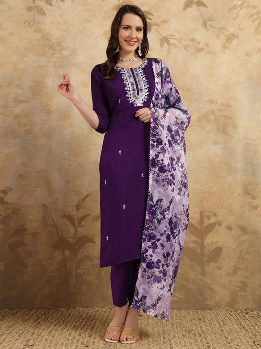 Astonishing Party Wear Purple Color Embroidery Work Full Stitched Chanderi Salwar Suit