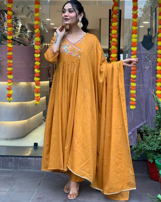 Astonishing Party Wear Mustard Color Embroidery Work Full Stitched Viscose Chanderi Salwar Suit