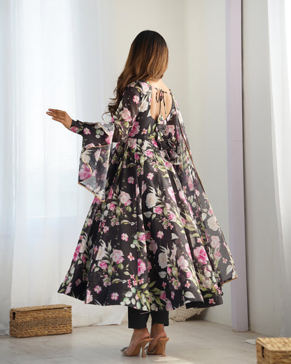 Alluring Party Wear Black Color Digital Print Work Full Stitched Organza Anarkali Suit