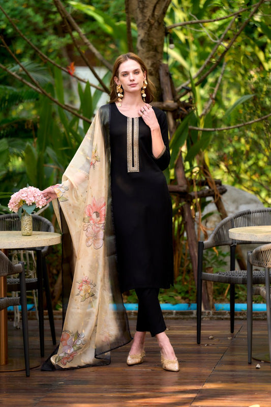 Astonishing Party Wear Black Color Embroidery Work Full Stitched Viscose Rayon Salwar Suit