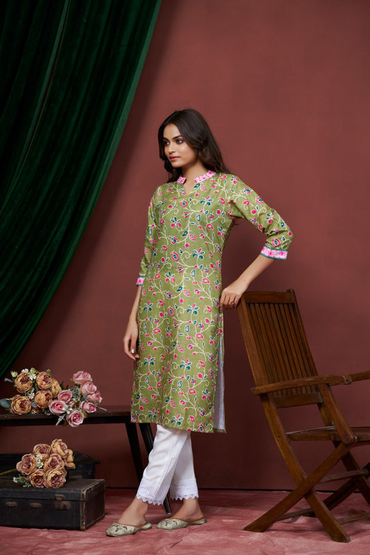Astonishing Casual Wear Green Color Print And Embroidery Work Full Stitched Linen Kurti