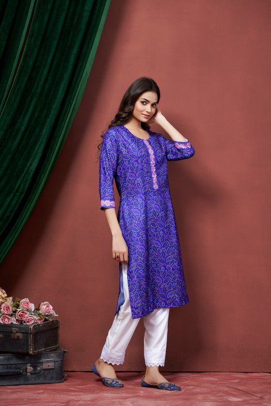 Glamorous Casual Wear Blue Color Full Stitched Print And Embroidery Work Linen Kurti