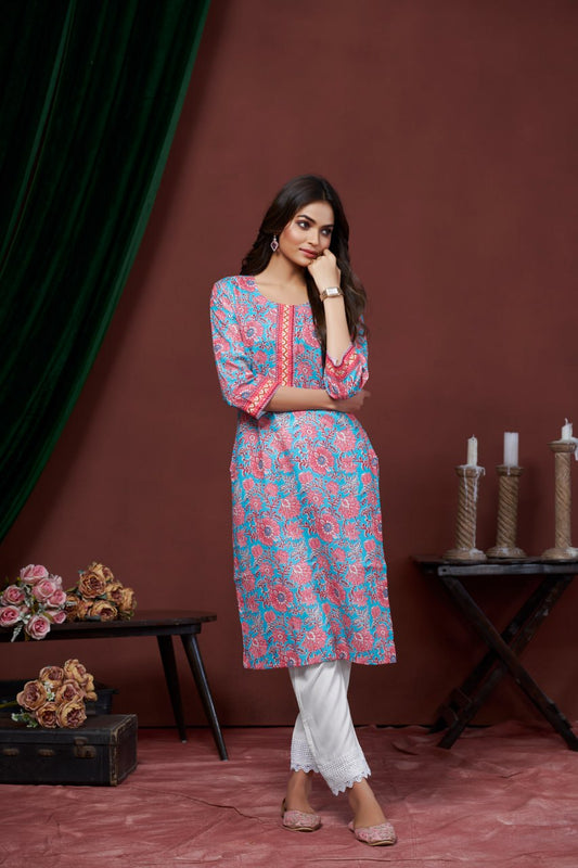 Impressive Casual Wear Blue Color Print And Embroidery Work Full Stitched Linen Kurti