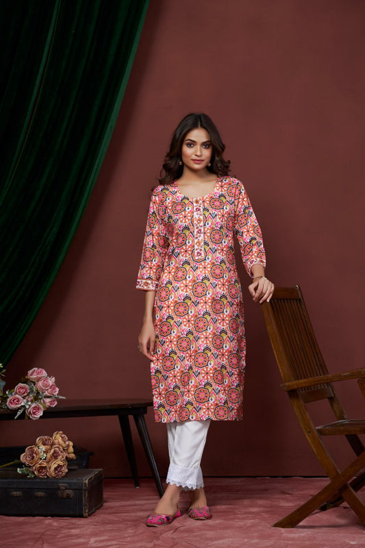 Exclusive Casual Wear Peach Color Print And Embroidery Work Full Stitched Linen Kurti