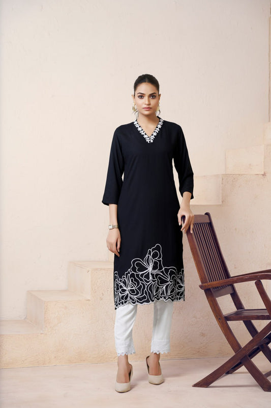 Devastating Function Wear Black Color Print And Embroidery Work Full Stitched Rayon Kurti