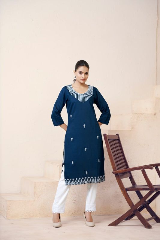 Fabulous Festive Wear Blue Color Print And Embroidery Work Full Stitched Rayon Kurti