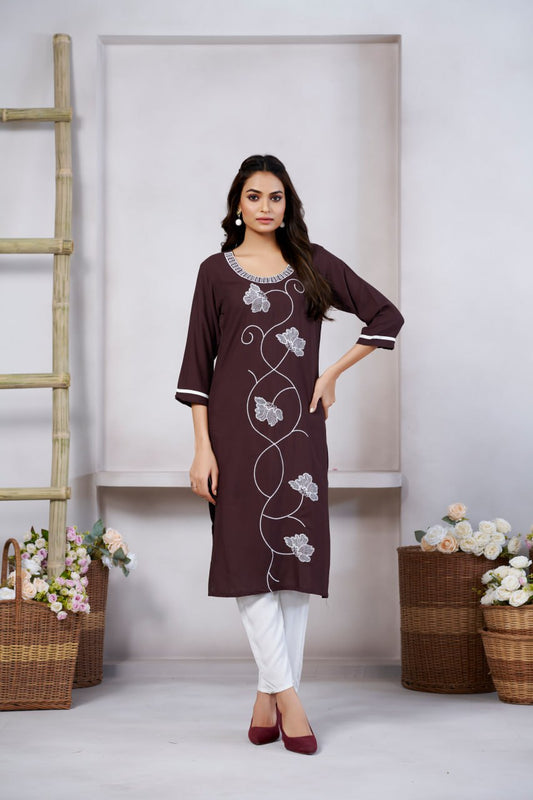Exclusive Casual Wear Brown Color Print And Embroidery Work Full Stitched Rayon Kurti