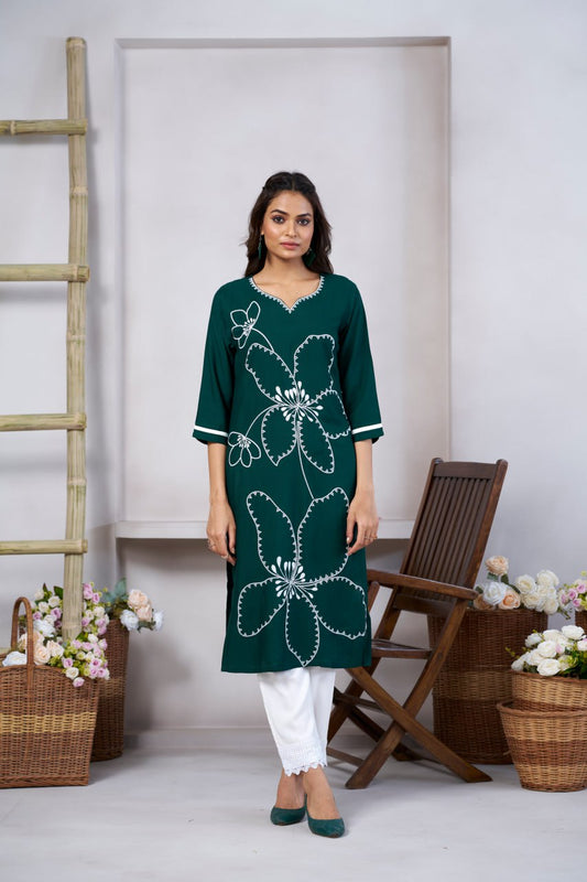Devastating Casual Wear Green Color Print And Embroidery Work Full Stitched Rayon Kurti