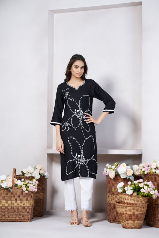 Beauteous Casual Wear Black Color Print And Embroidery Work Full Stitched Rayon Kurti