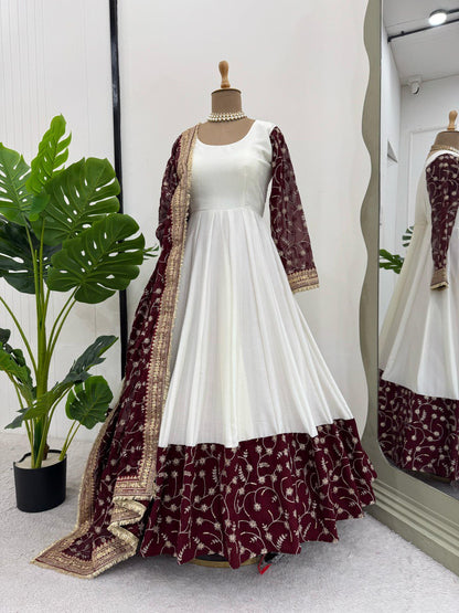 Alluring Party Wear White Color Thread And Sequence Work Full Stitched Silk Gown