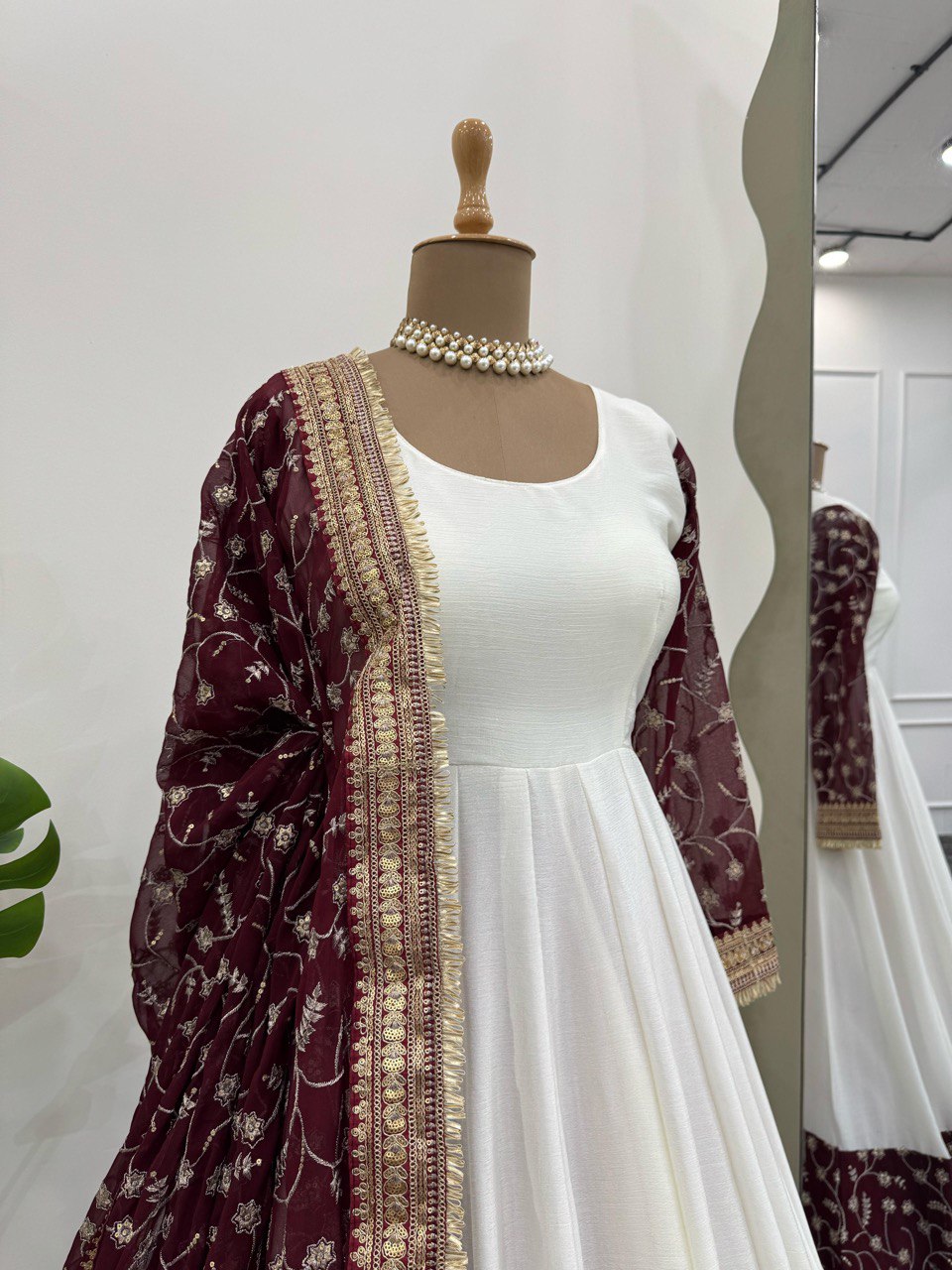 Alluring Party Wear White Color Thread And Sequence Work Full Stitched Silk Gown