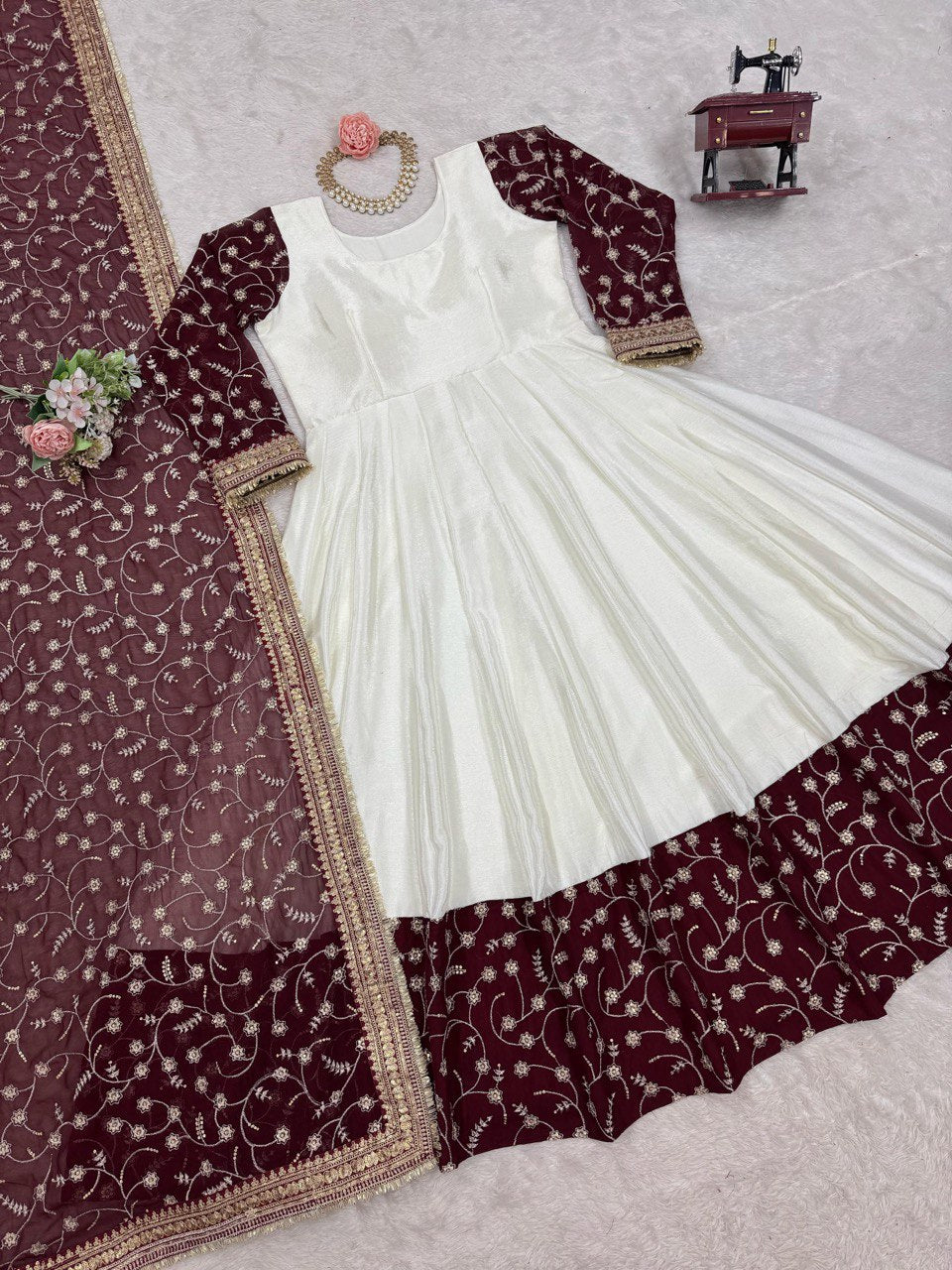 Alluring Party Wear White Color Thread And Sequence Work Full Stitched Silk Gown
