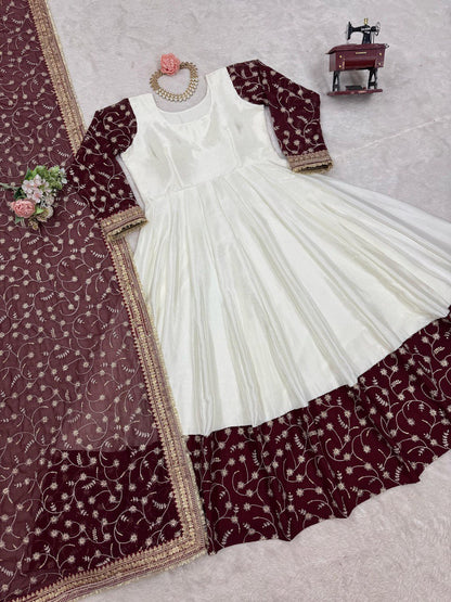 Alluring Party Wear White Color Thread And Sequence Work Full Stitched Silk Gown