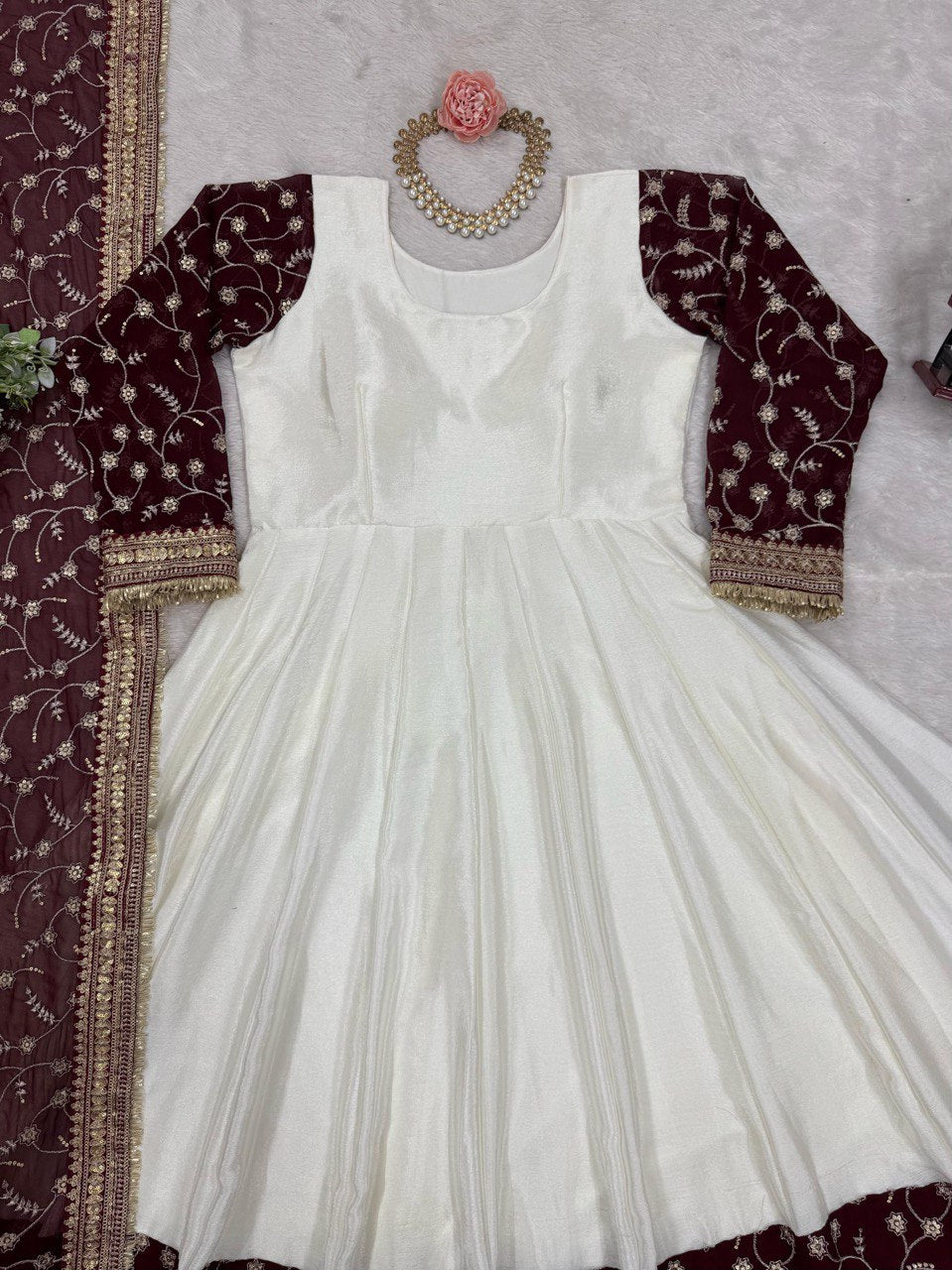 Alluring Party Wear White Color Thread And Sequence Work Full Stitched Silk Gown