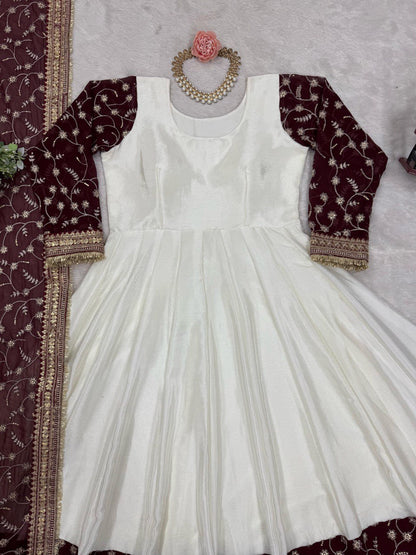Alluring Party Wear White Color Thread And Sequence Work Full Stitched Silk Gown