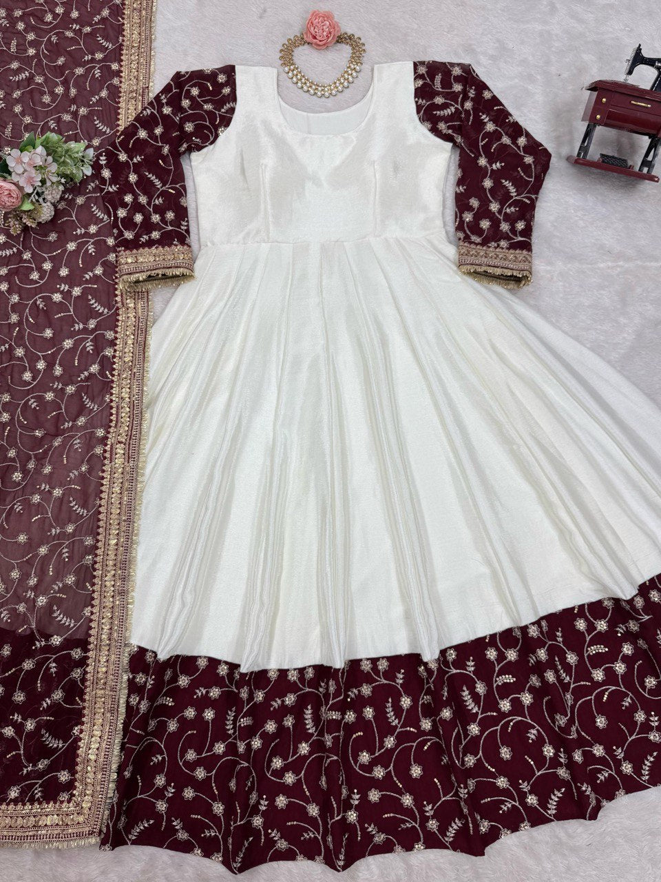 Alluring Party Wear White Color Thread And Sequence Work Full Stitched Silk Gown