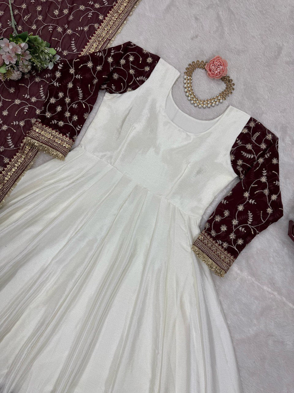 Alluring Party Wear White Color Thread And Sequence Work Full Stitched Silk Gown