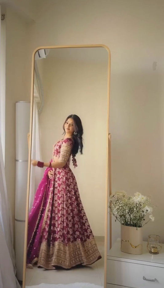 Fabulous Wedding Wear Thread And Sequence Work Semi Stitched Designer Wine Color Jacquard Lehenga Choli