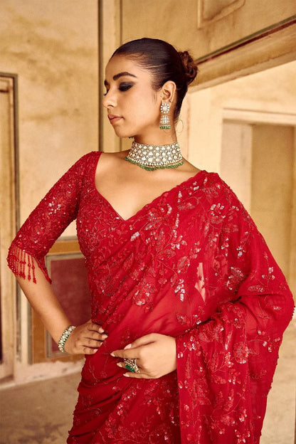 Attractive Party Wear Red Color Multy And Sequence Embroidery Work Soft Georgette Saree