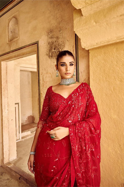 Attractive Party Wear Red Color Multy And Sequence Embroidery Work Soft Georgette Saree