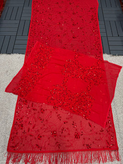 Attractive Party Wear Red Color Multy And Sequence Embroidery Work Soft Georgette Saree