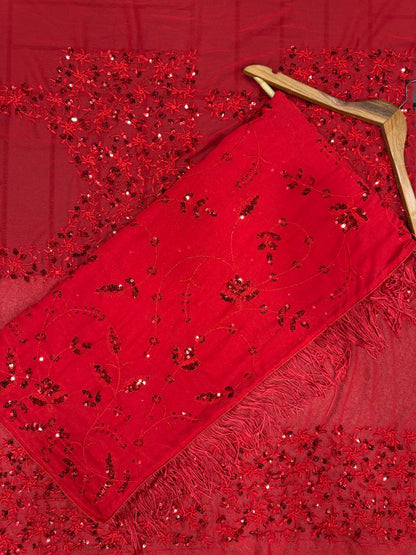 Attractive Party Wear Red Color Multy And Sequence Embroidery Work Soft Georgette Saree