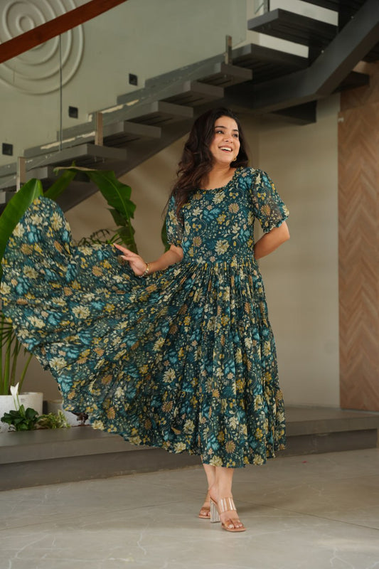 Astonishing Casual Wear Green Color Flower Print Work Full Stitched Faux Georgette Gown