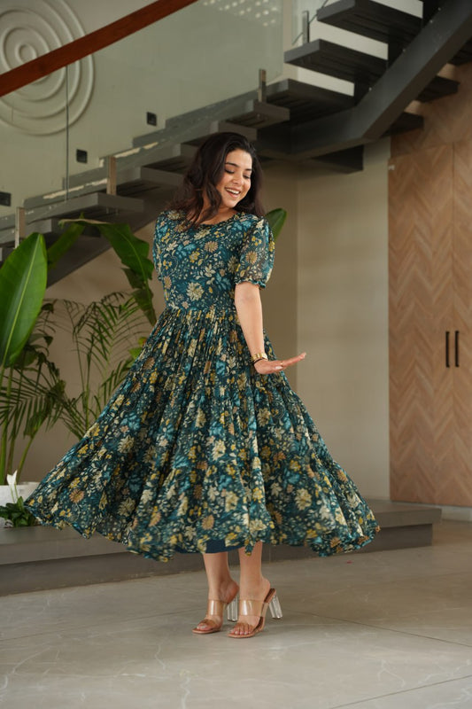 Astonishing Casual Wear Green Color Flower Print Work Full Stitched Faux Georgette Gown