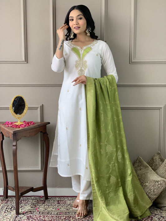 Astonishing Casual Wear White Color Embroidery Work Full Stitched Viscose Blend Salwar Suit