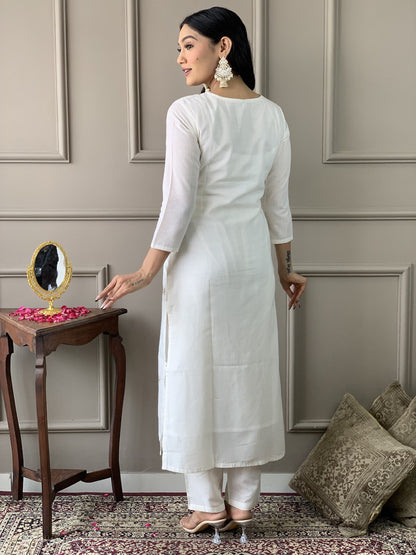 Astonishing Casual Wear White Color Embroidery Work Full Stitched Viscose Blend Salwar Suit