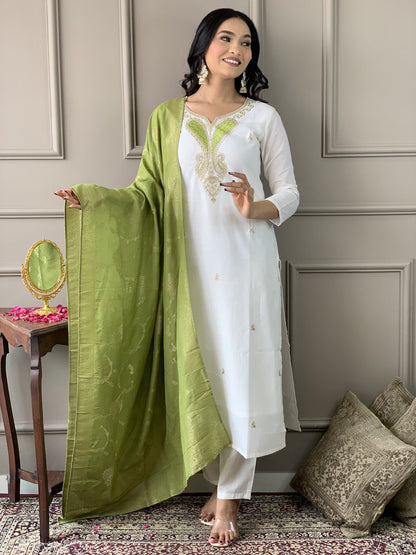 Astonishing Casual Wear White Color Embroidery Work Full Stitched Viscose Blend Salwar Suit
