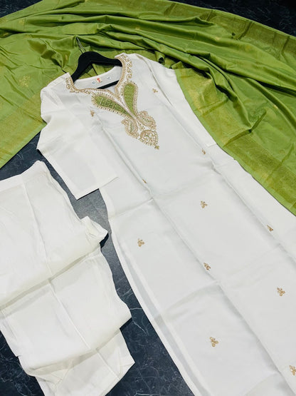 Astonishing Casual Wear White Color Embroidery Work Full Stitched Viscose Blend Salwar Suit